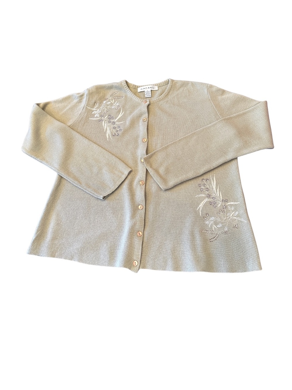 RAFAEL Light Khaki Embroidered Button-Front Cardigan Lamb’s Wool Blend - Size L
